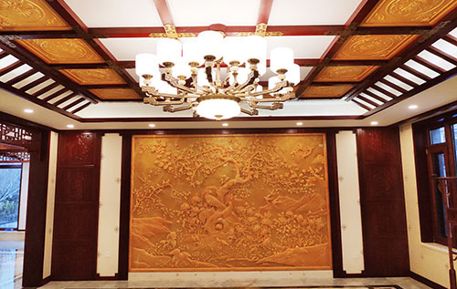 毛阳镇中式别墅客厅中式木作横梁吊顶装饰展示